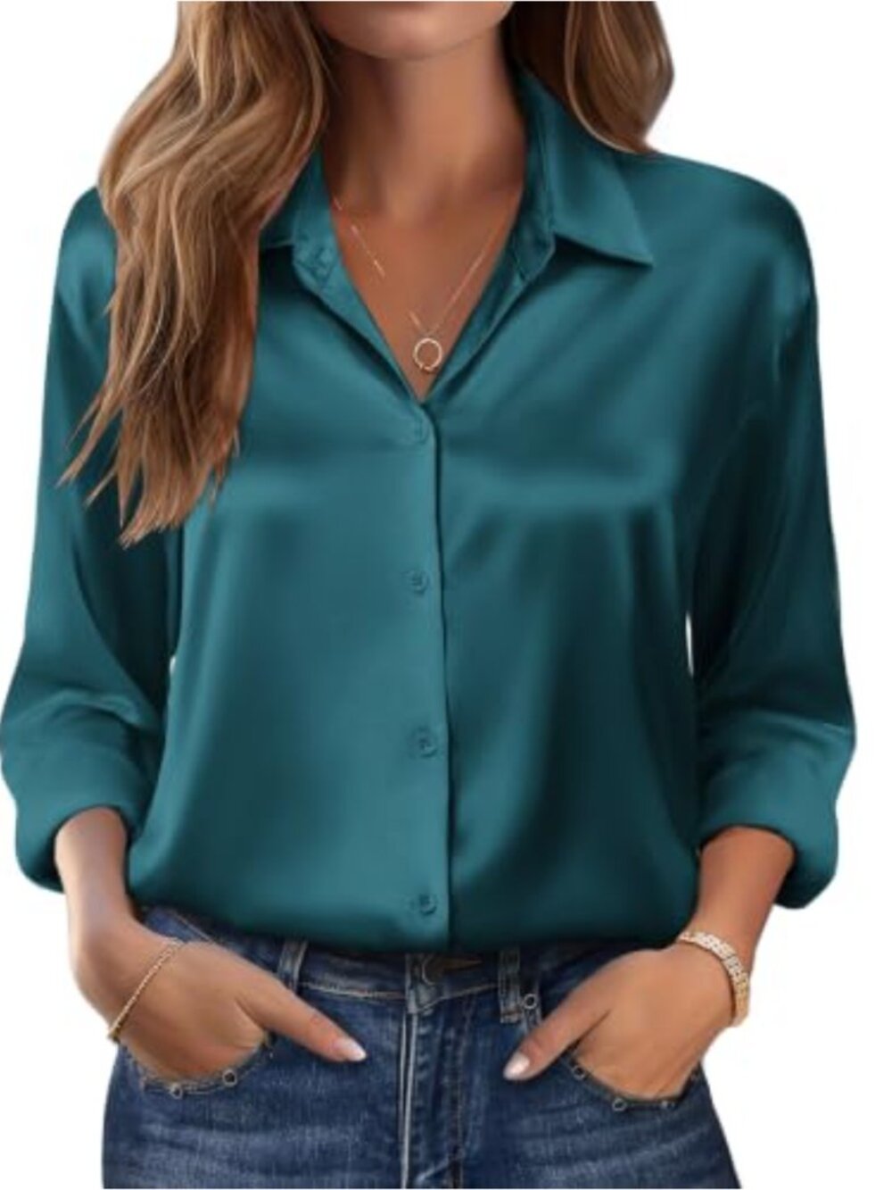 Women's Satin Silk Button Down Blouse Long Sleeve V-Neck Office Work Tunic